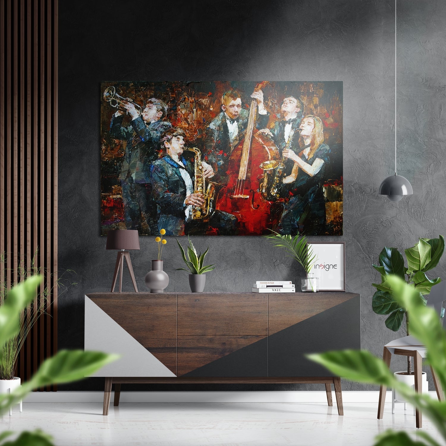 Modern living room with brushed aluminium wall art depicting jazz musicians in rich browns and reds above a wooden sideboard.