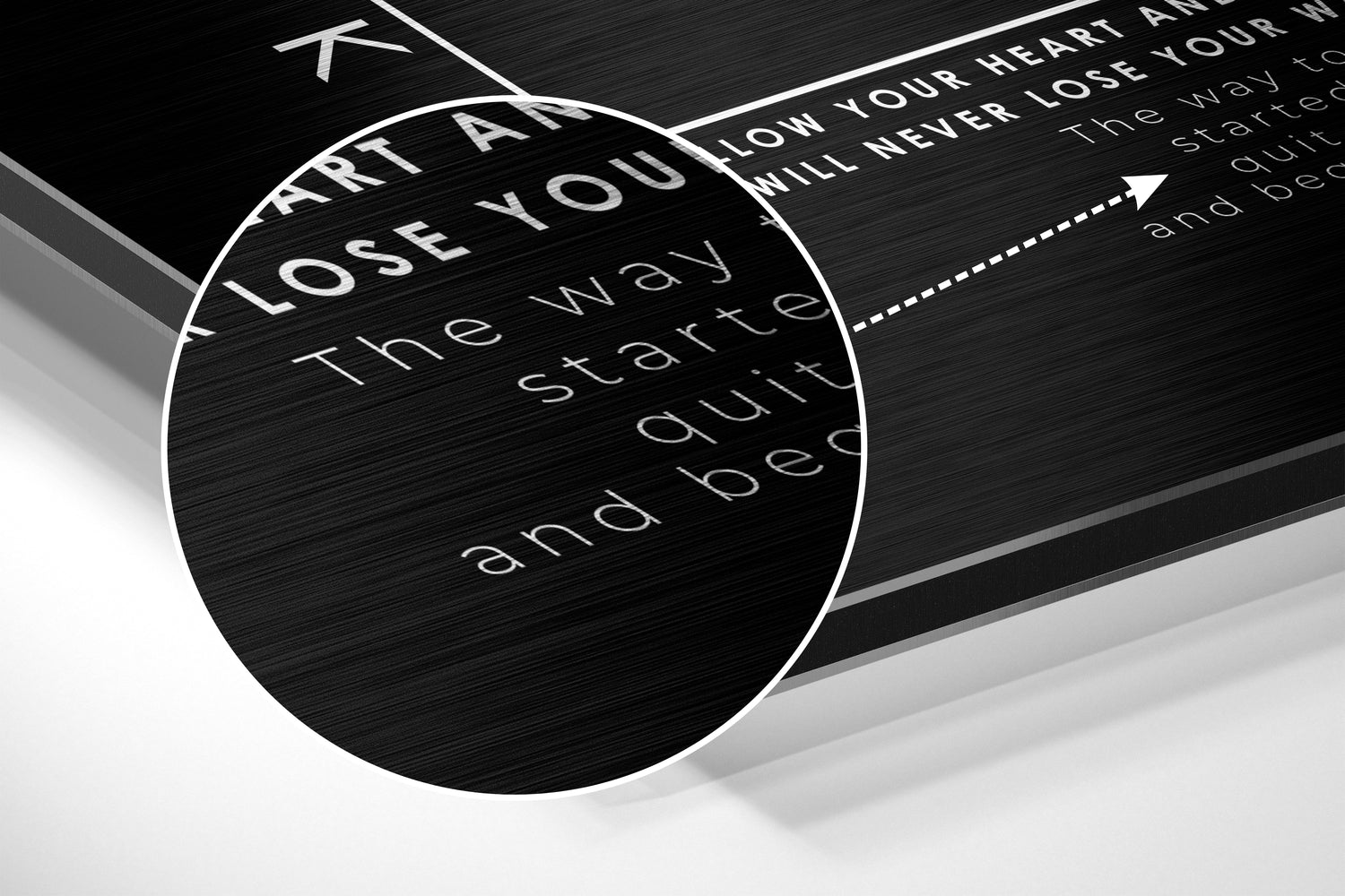 Close-up angled view of brushed aluminum wall art with white text on black surface, including "Lose your heart and you will never lose your way" quote.