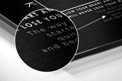 Close-up angled view of brushed aluminum wall art with white text on black surface, including "Lose your heart and you will never lose your way" quote.