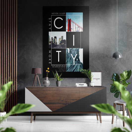 Modern living room styled with black wall-mounted New York City art featuring red Golden Gate Bridge, cityscape, and Statue of Liberty imagery above wooden dresser.