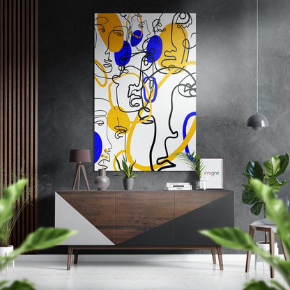 Layered Line Faces in Blue and Yellow Brushed Aluminium Dibond Wall Art