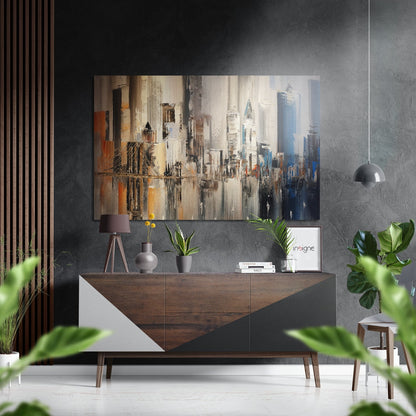 Modern living room with City Silhouette Dibond wall art featuring abstract urban skyline in orange, cream, and blue tones displayed above wooden console table.