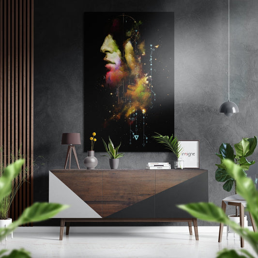 Modern living room with colorful abstract portrait artwork mounted above wooden sideboard with potted plants and pendant lamp.