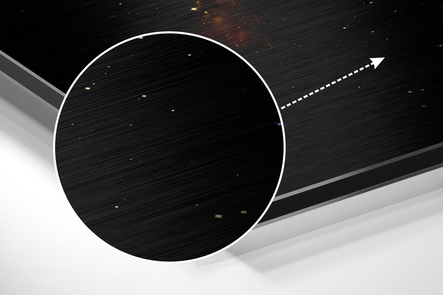 Abstract diagonal composition featuring brushed aluminium surface with white circle outline and directional arrow against dark and light gradient background.