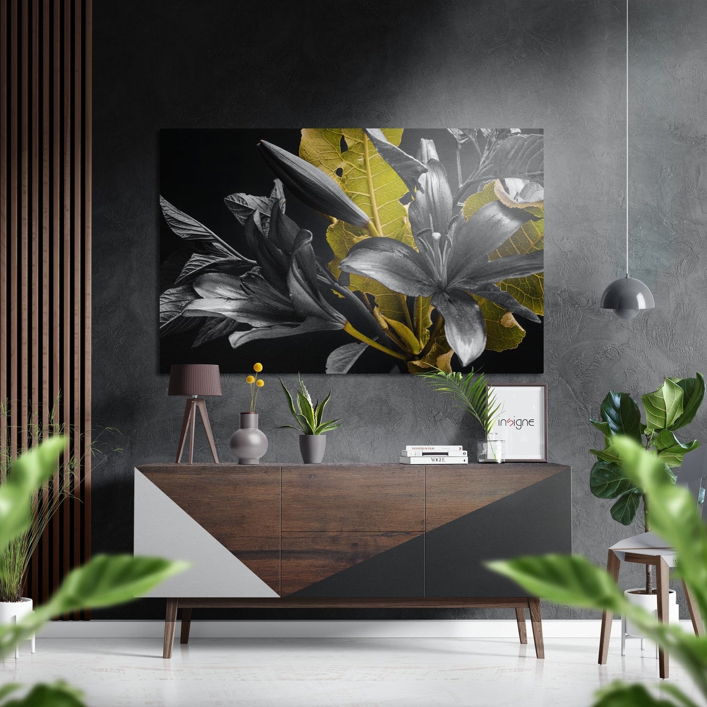 Monochrome Lilies Golden Leaves Brushed Aluminium Dibond Wall Art