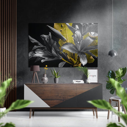 Monochrome Lilies Golden Leaves Brushed Aluminium Dibond Wall Art