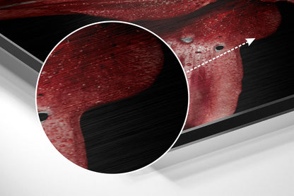 Close-up detail of red brushed aluminium surface with circular magnified section showing texture and dark speckles.