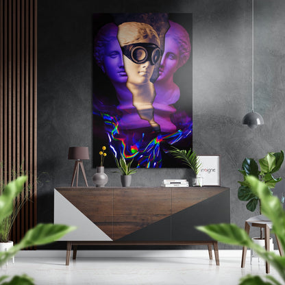 Modern interior scene featuring colorful digital art print of classical busts with purple lighting and neon effects displayed above wooden console table with accessories.
