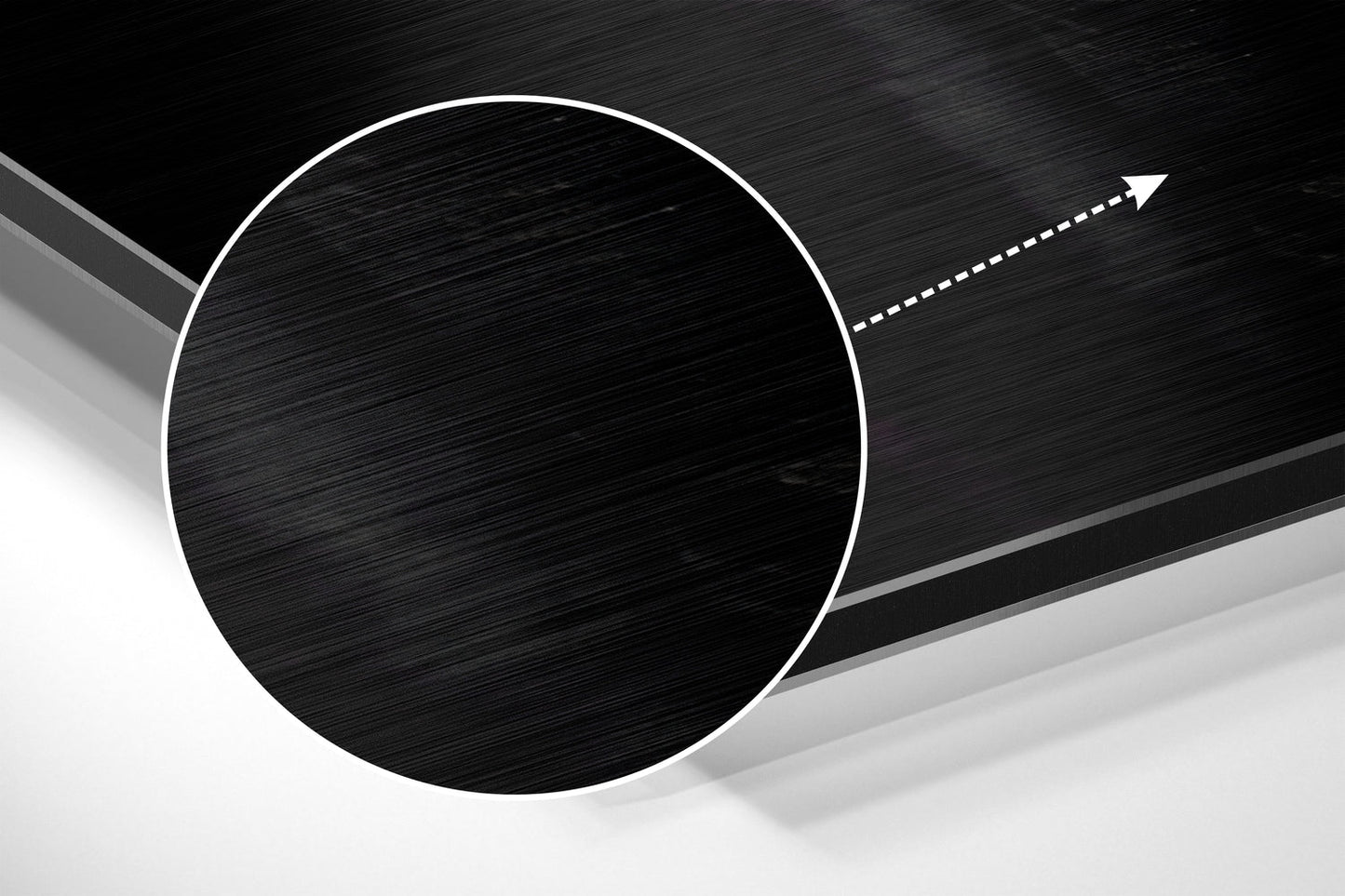 Abstract 3D composition featuring a brushed black circular disc with white outline against layered gray and white geometric planes with directional arrow.