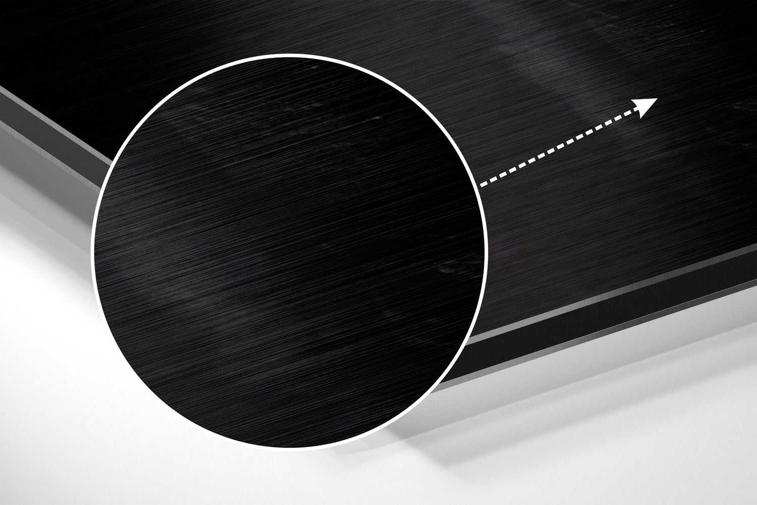 Abstract 3D composition featuring a brushed black circular disc with white outline against layered gray and white geometric planes with directional arrow.