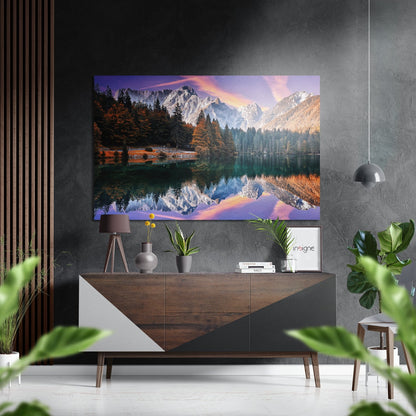 Snowy Peaks Mirror Lake at Dusk Brushed Aluminium Dibond Wall Art