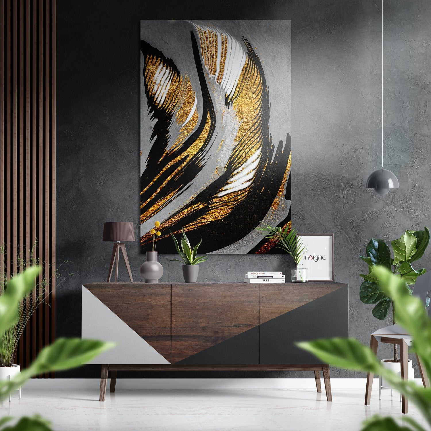 Golden Feather Brushed Aluminium Dibond Wall Art displayed above a wooden dresser in a modern gray interior with potted plants.