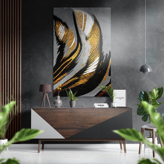 Golden Feather Brushed Aluminium Dibond Wall Art displayed above a wooden dresser in a modern gray interior with potted plants.