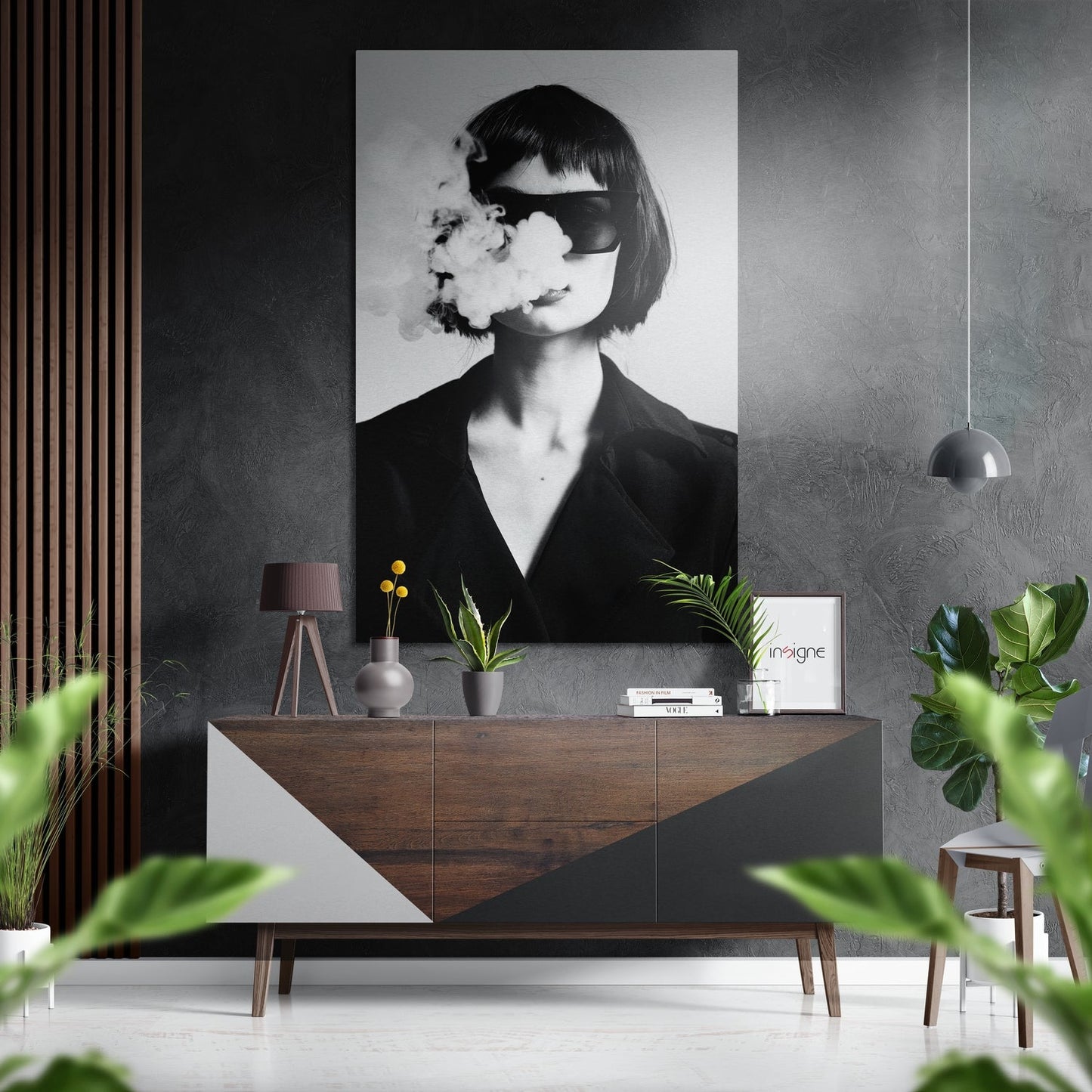 Sunglasses Woman Exhaling Smoke Brushed Aluminium Dibond Wall Art