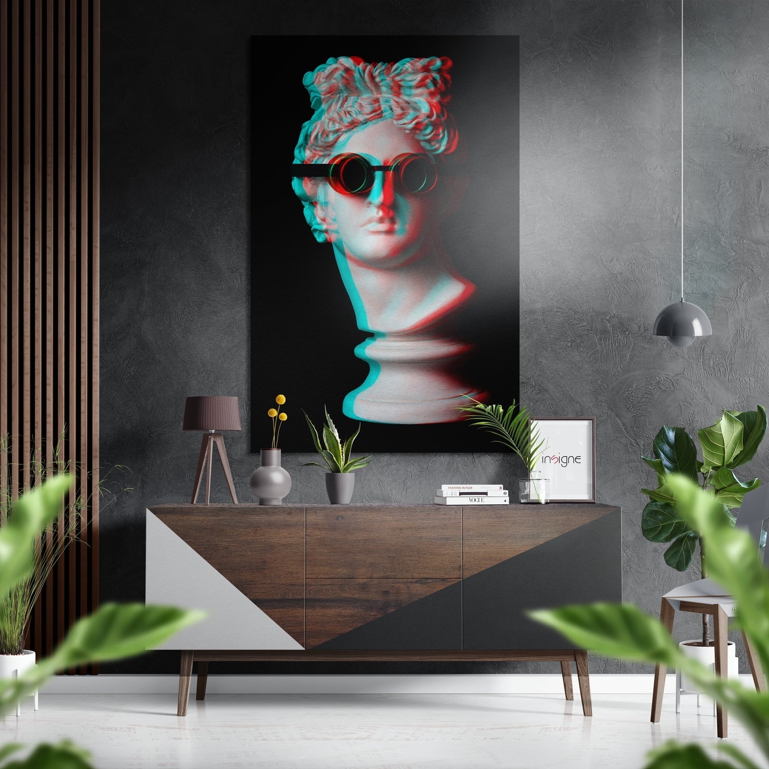 Modern interior displaying cool statue wall art with cyan and red glitch effect on dark background above wooden console table.