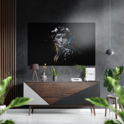 Modern living room interior with abstract portrait artwork displayed above wooden credenza, surrounded by potted plants and pendant lighting.