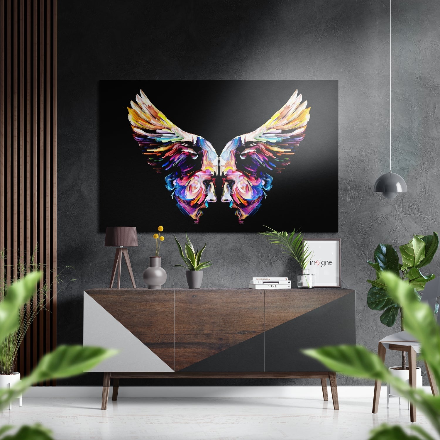 Colorful butterfly wall art displayed above a wooden dresser in a modern living room with plants and pendant lighting.