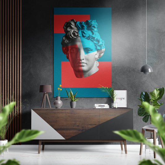 Pop art style wall installation featuring classical bust with turquoise and red color blocking displayed above mid-century modern wooden console.