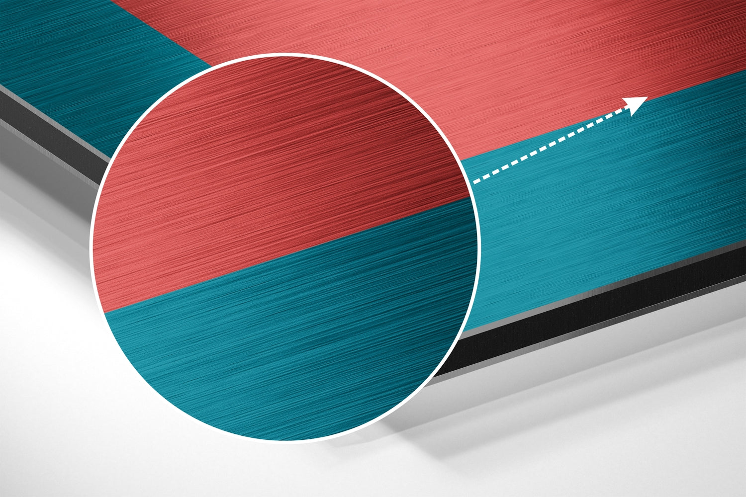 Abstract geometric design featuring a divided circle in red and teal on brushed aluminum with layered planes and directional arrow.