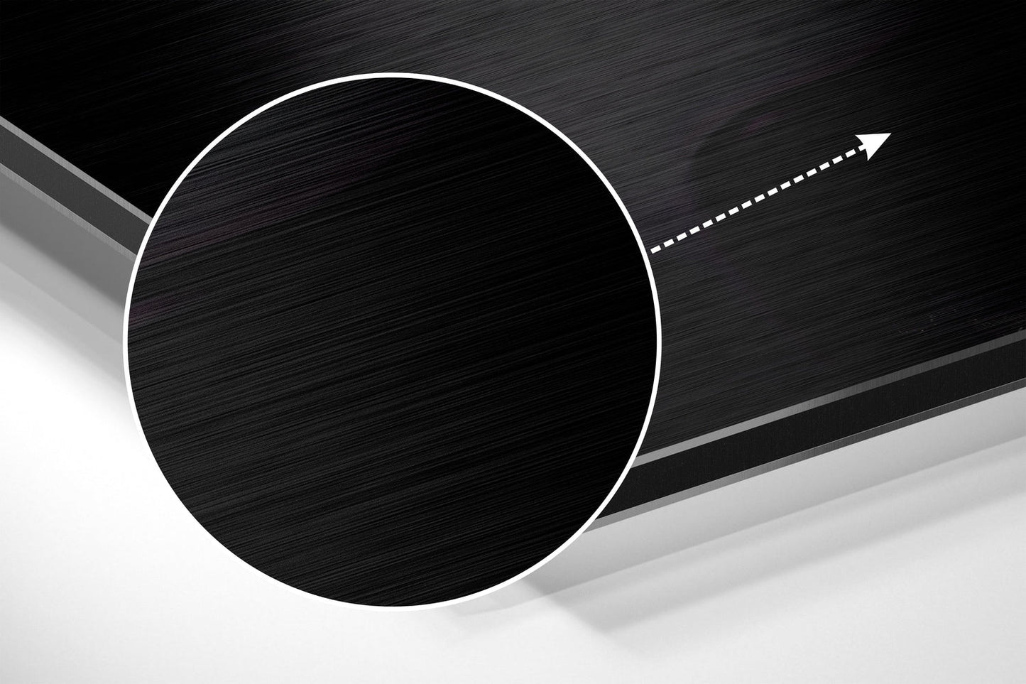 Angled view of a circular brushed aluminum Dibond panel with white outline and directional arrow, against layered geometric background.