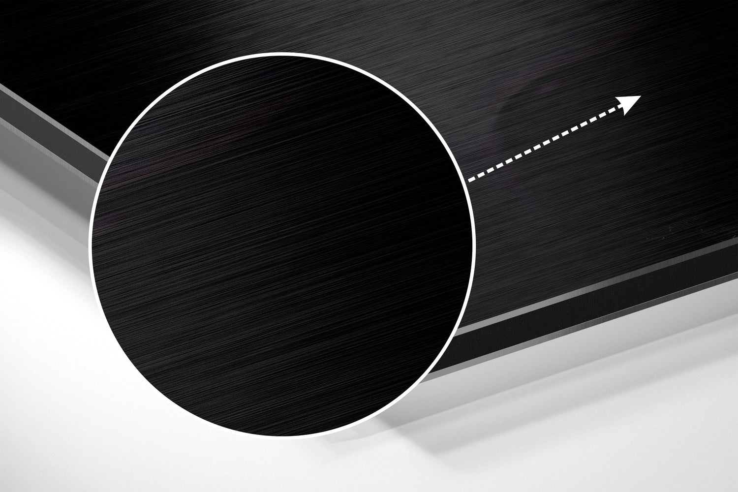 Angled view of a circular brushed aluminum Dibond panel with white outline and directional arrow, against layered geometric background.