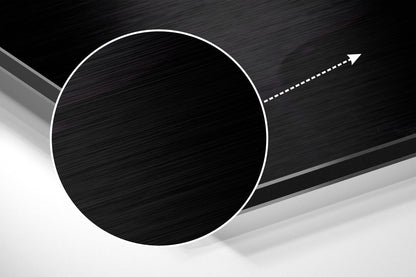 Angled view of a circular brushed aluminum Dibond panel with white outline and directional arrow, against layered geometric background.