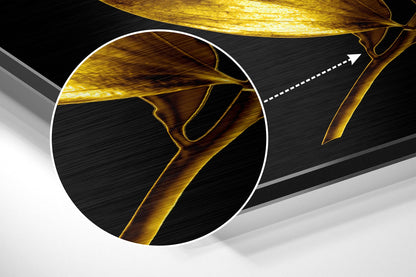 Close-up detail of golden leaf veins against black brushed aluminium surface with magnifying circle highlight and directional arrow.
