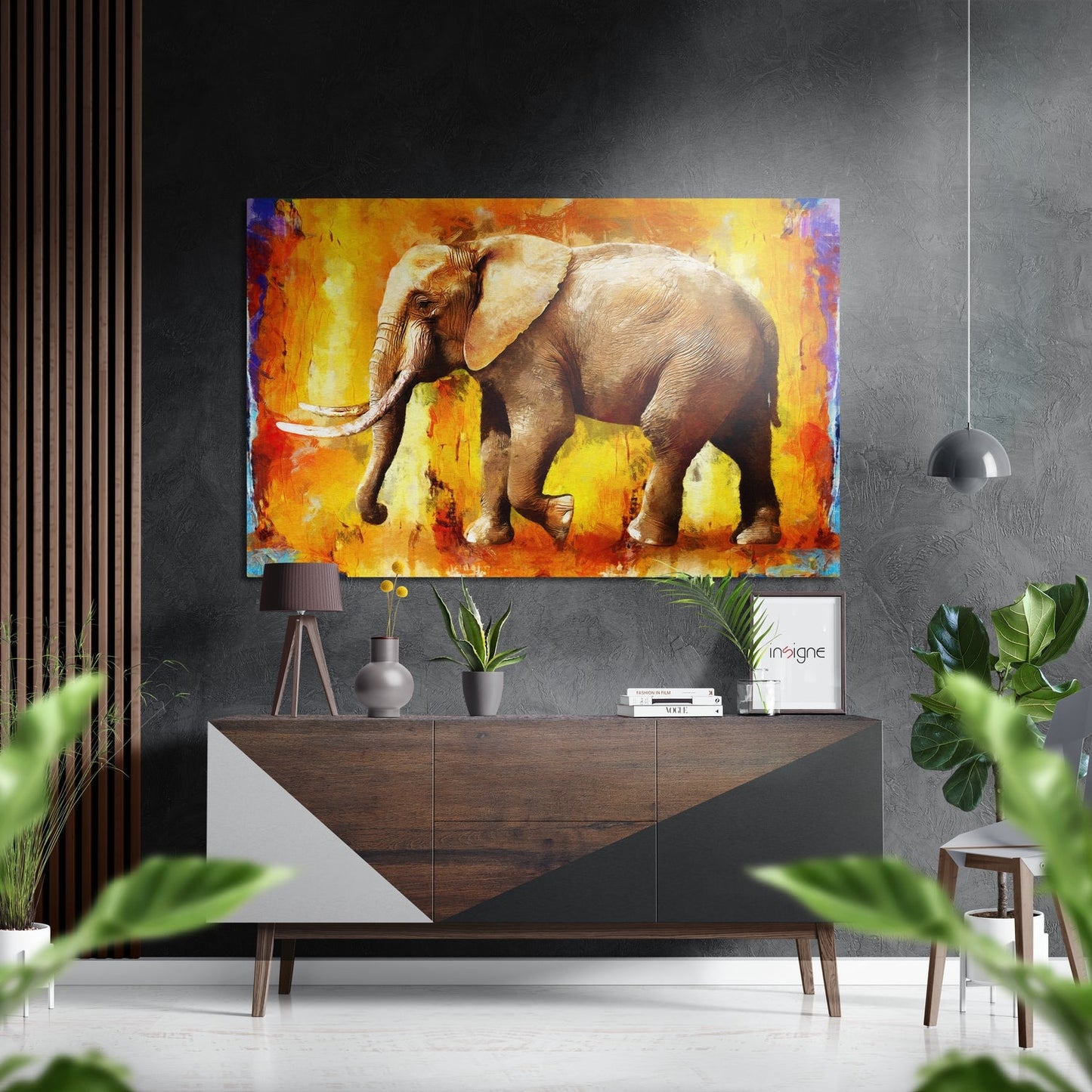 Walking Elephant Fiery Orange Brushed Aluminium Dibond Wall Art