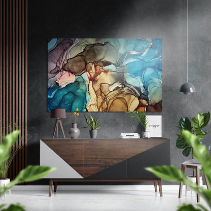 Teal Ochre Alcohol Ink Marble Brushed Aluminium Dibond Wall Art