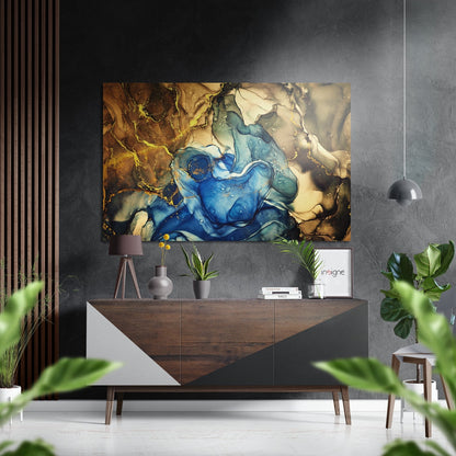 Cobalt Blue Amber Bloom Marble Brushed Aluminium Dibond Wall Art