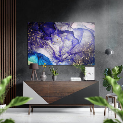 Purple wave brushed aluminium wall art with gold accents displayed above a wooden console in a modern interior setting.
