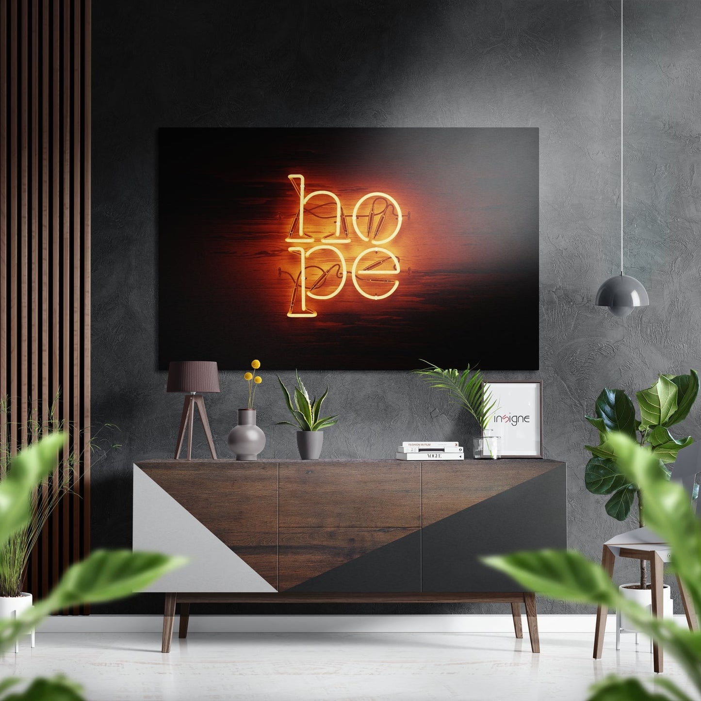 Neon "hope" sign in glowing orange-yellow text displayed on TV screen above wooden console in modern living room setting.