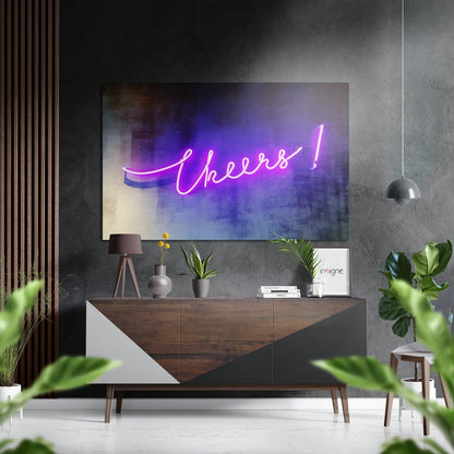 Pink Neon Script Cheers Sign Brushed Aluminium Dibond Wall Art