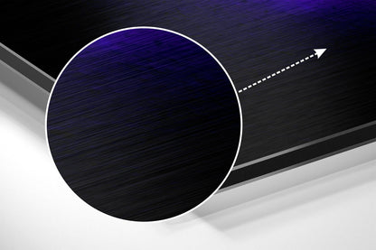 Abstract brushed aluminium wall art featuring dark blue circle with white border and directional arrow on geometric background.