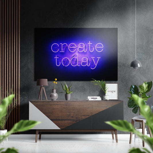 Neon sign displaying "create today" in purple and blue lettering mounted on wall above wooden console table in modern living room.