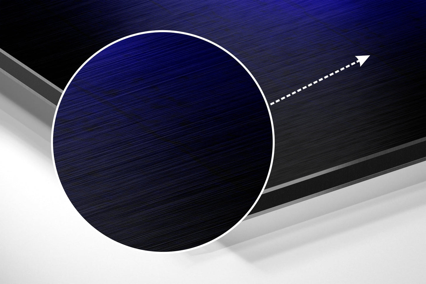 Modern abstract composition featuring a dark blue brushed circle with white border on layered grey and white brushed aluminium background with directional arrow.