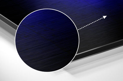 Modern abstract composition featuring a dark blue brushed circle with white border on layered grey and white brushed aluminium background with directional arrow.