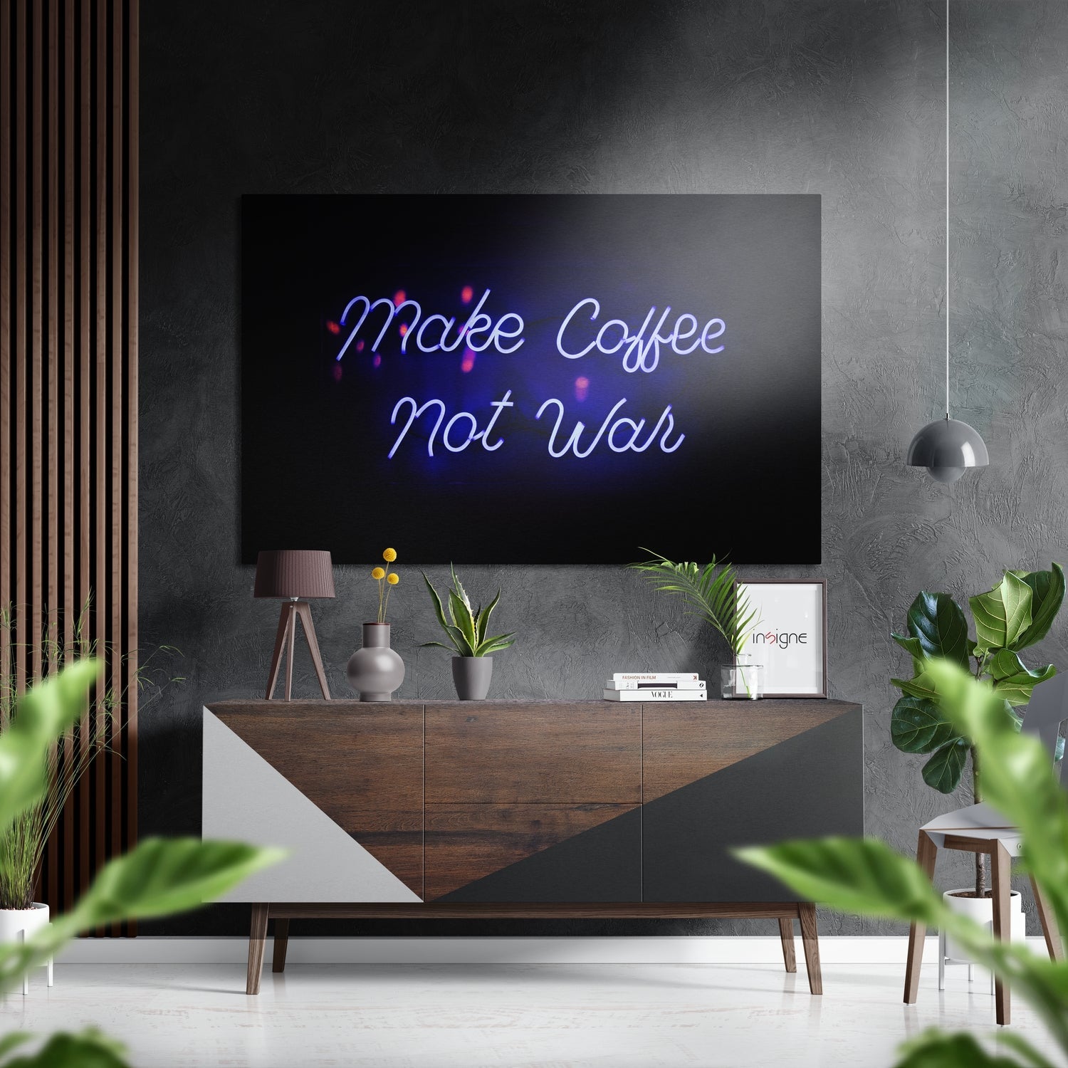 Neon sign displaying "Make Coffee Not War" in blue and pink script mounted above a wooden console table in a modern living room.