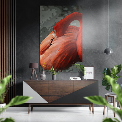 Preening Flamingo Close Up On Green Brushed Aluminium Dibond Wall Art