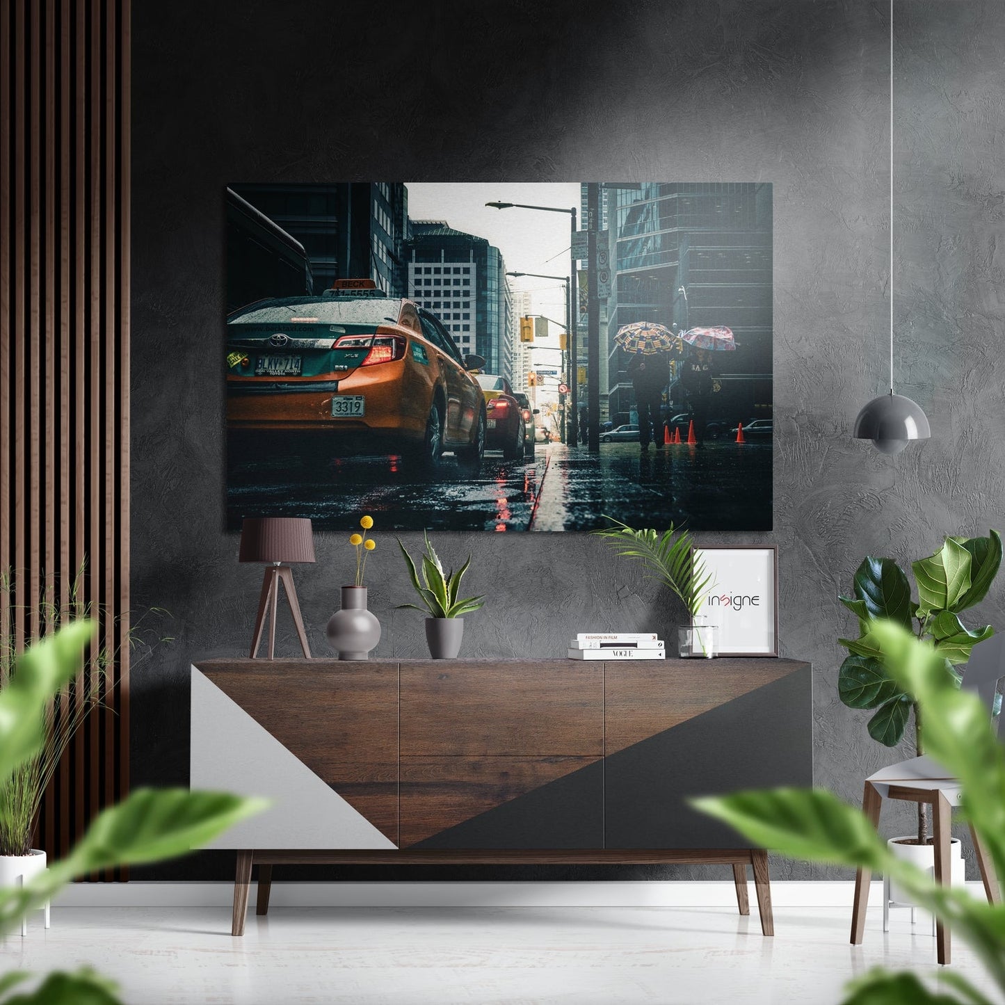 City Rush Brushed Aluminium Dibond Wall Art displaying orange taxi on wet urban street mounted above wooden console in modern interior.