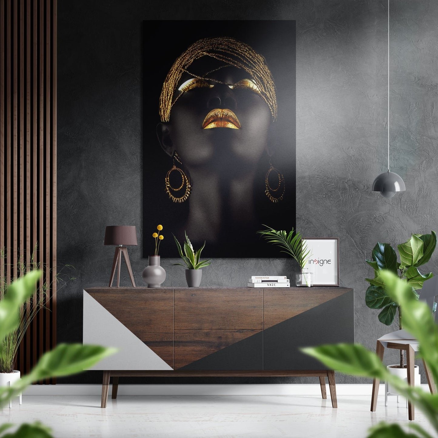 Golden Beaded Headdress Woman Brushed Aluminium Dibond Wall Art