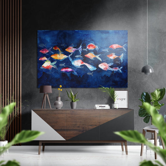 Modern living room interior with colorful fish artwork displayed above wooden dresser with white geometric front panel.