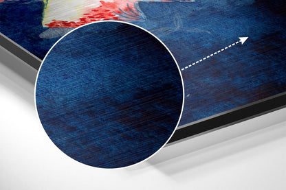 Close-up detail of brushed aluminum surface with blue and red fish motif, white circular frame, and directional arrow graphic.