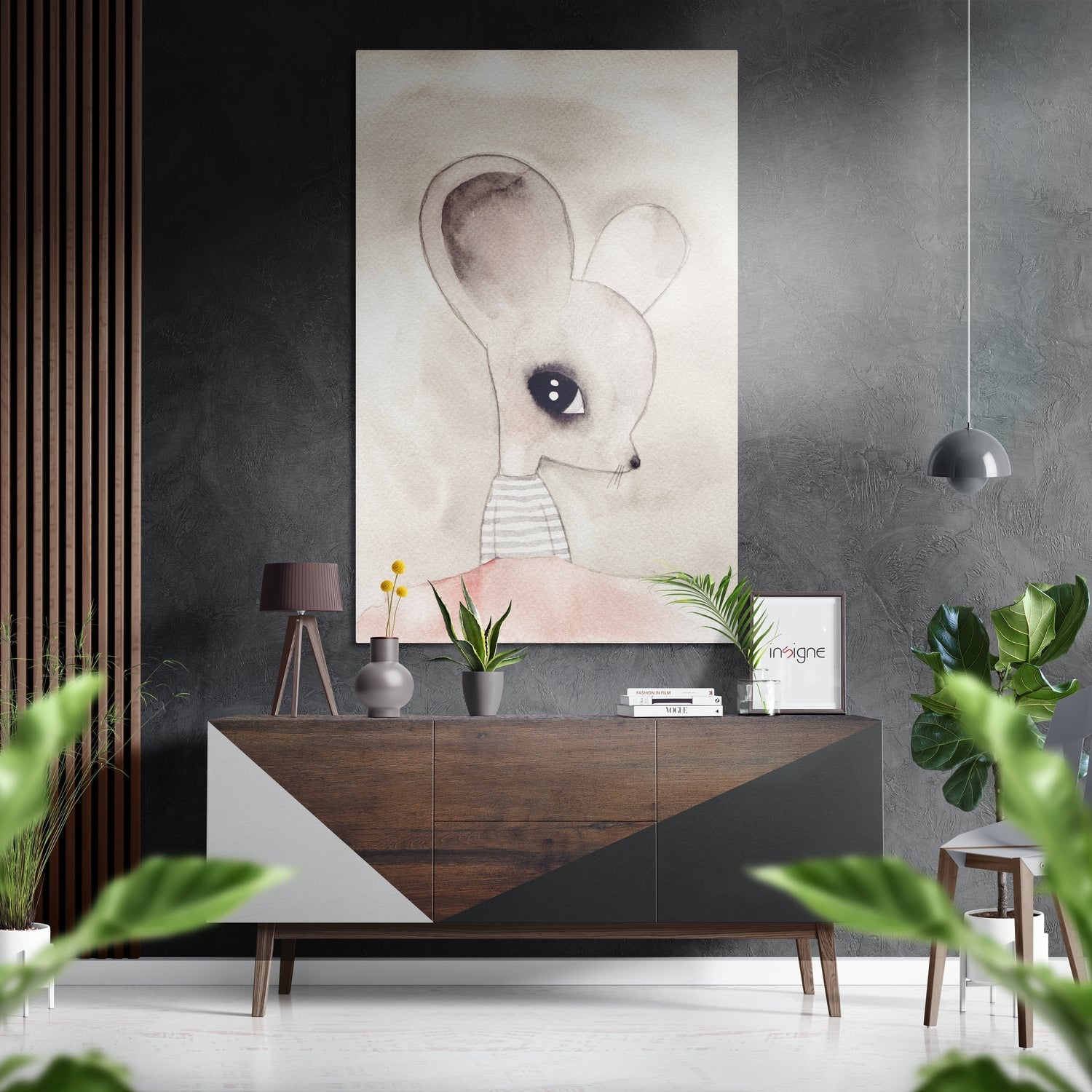Sweet Mouse Brushed Aluminium Dibond Wall Art displayed above wooden sideboard in contemporary interior with grey textured walls and potted plants.