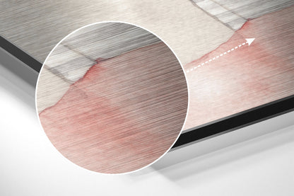 Close-up detail of brushed aluminium dibond showing red and white abstract brushstroke pattern with magnified circular inset.