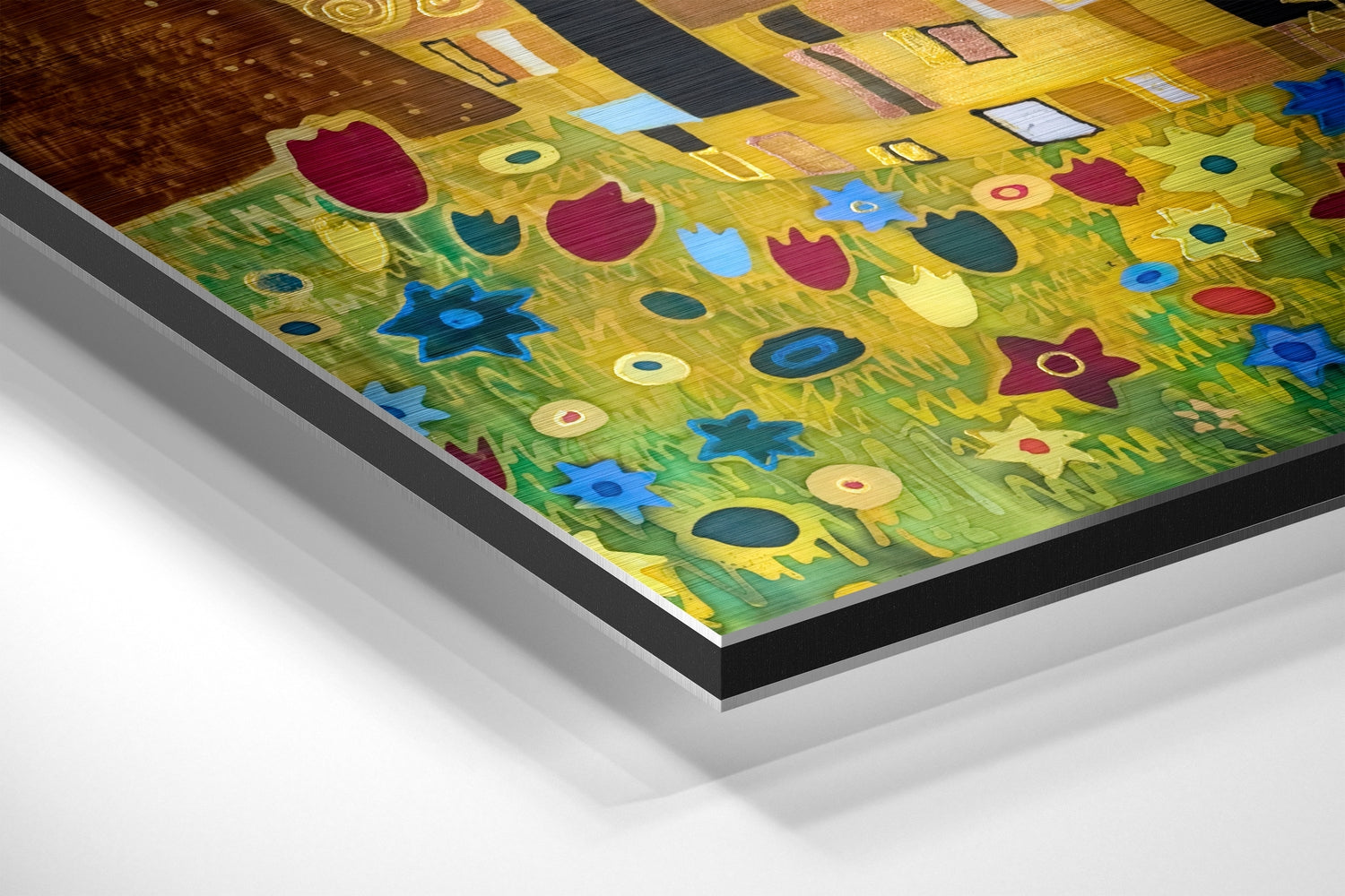 Angled perspective shot showing layered edge profile of framed colorful floral artwork on brushed aluminum dibond with white mat and black border.