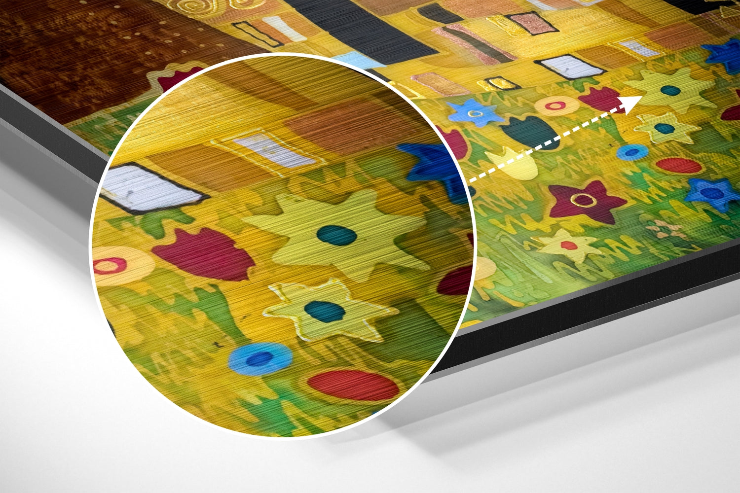 Close-up detail of colorful floral pattern with yellow background, red flowers, blue centers, and green foliage on textured brushed metal surface.