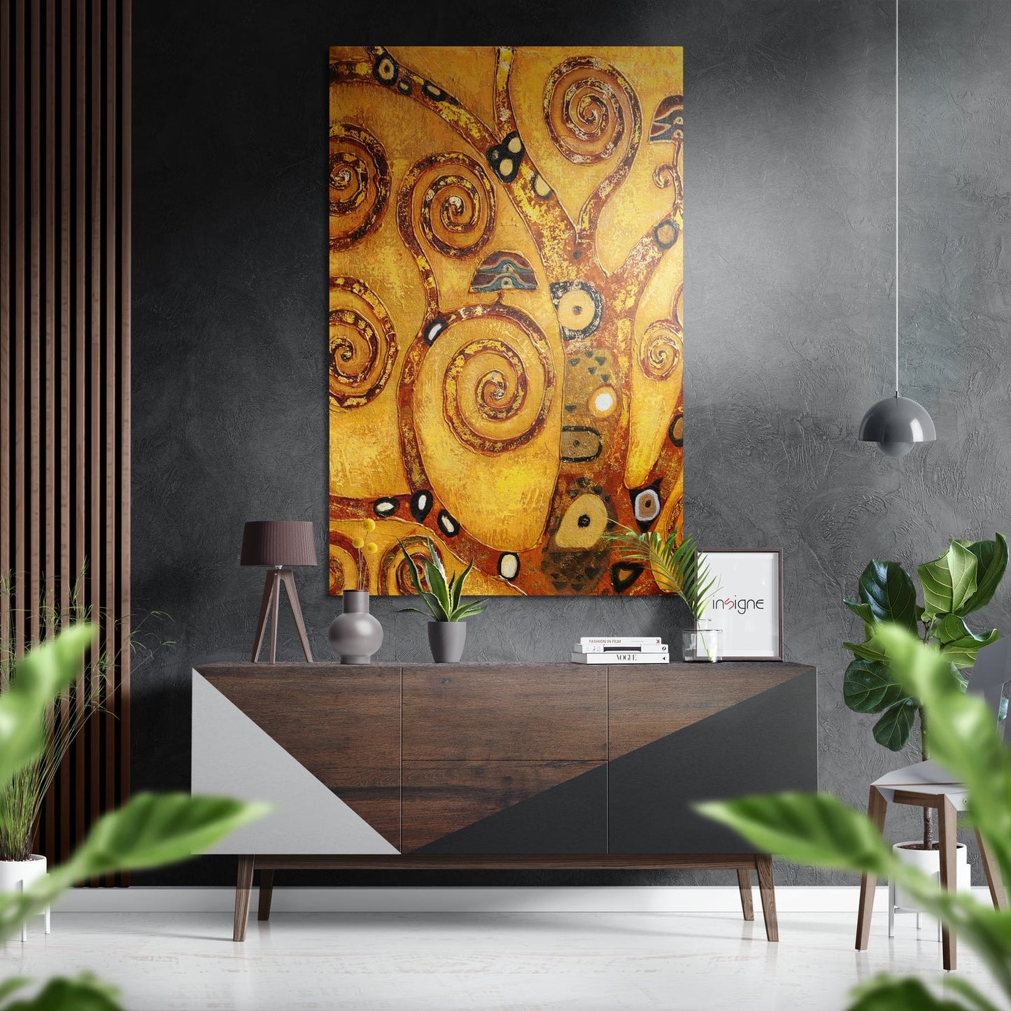 Golden Klimt Tree of Life artwork displayed above wooden mid-century console in modern living room setting.