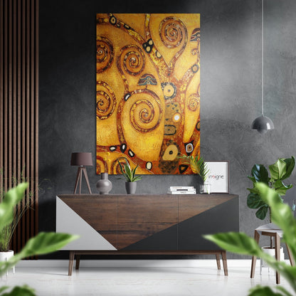 Golden Klimt Tree of Life artwork displayed above wooden mid-century console in modern living room setting.