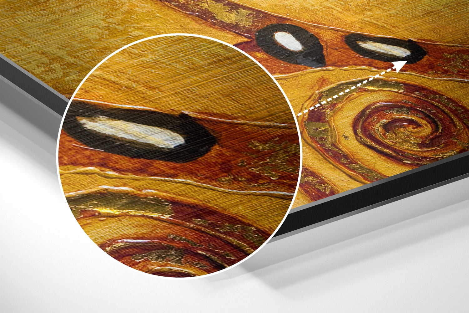 Close-up detail of brushed aluminium wall art showing golden and burgundy swirling patterns with white highlight accent from Klimt's Tree of Life design.